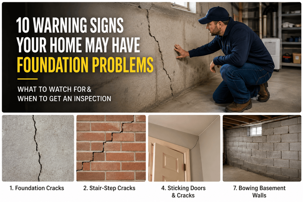Homeowner inspecting a basement foundation crack with examples of stair-step cracks, sticking doors, and bowing basement walls.