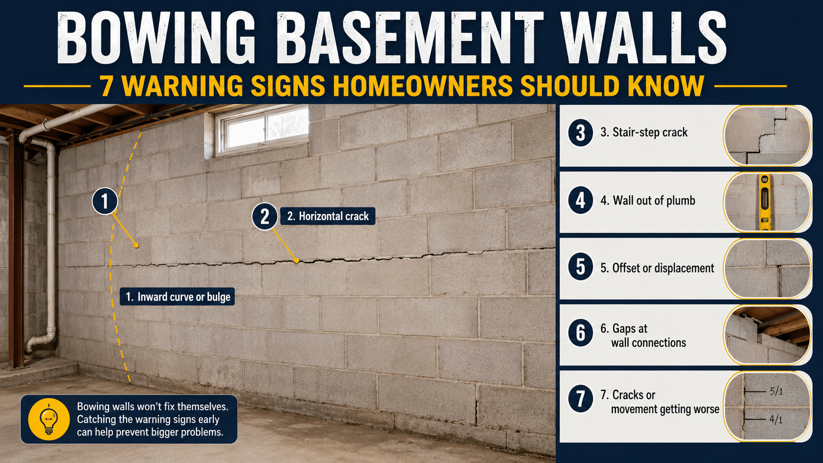 Infographic showing seven warning signs of bowing basement walls, including inward bulging, horizontal cracks, stair-step cracks, wall leaning, displacement, gaps, and worsening movement