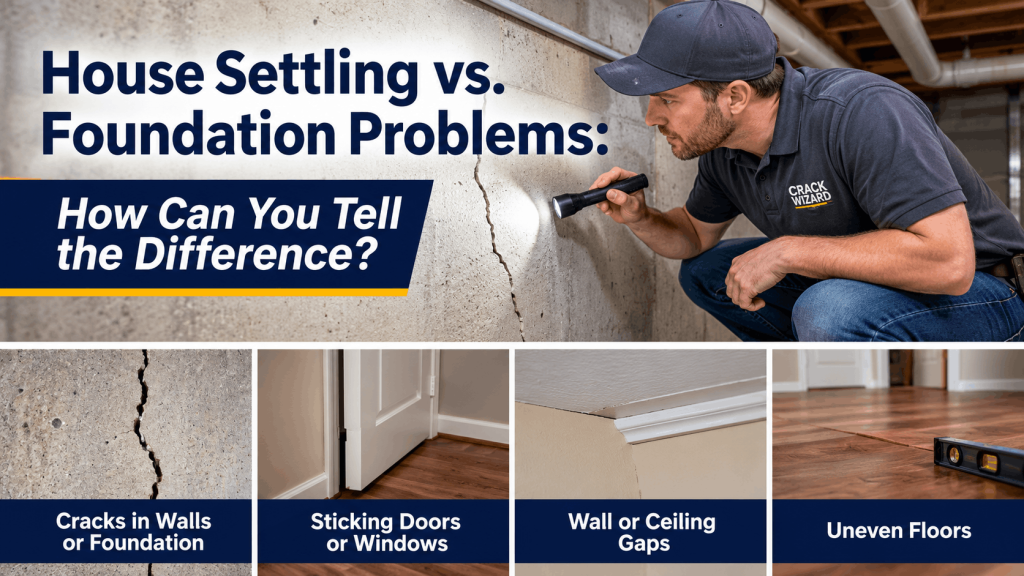 Crack Wizard inspecting a basement wall crack while comparing house settling vs foundation problems