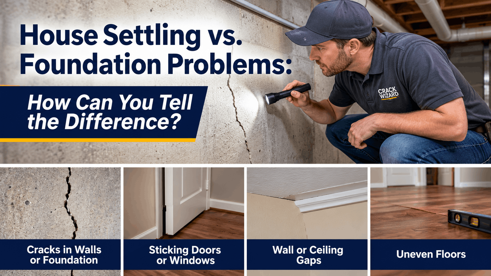 Crack Wizard inspecting a basement wall crack while comparing house settling vs foundation problems