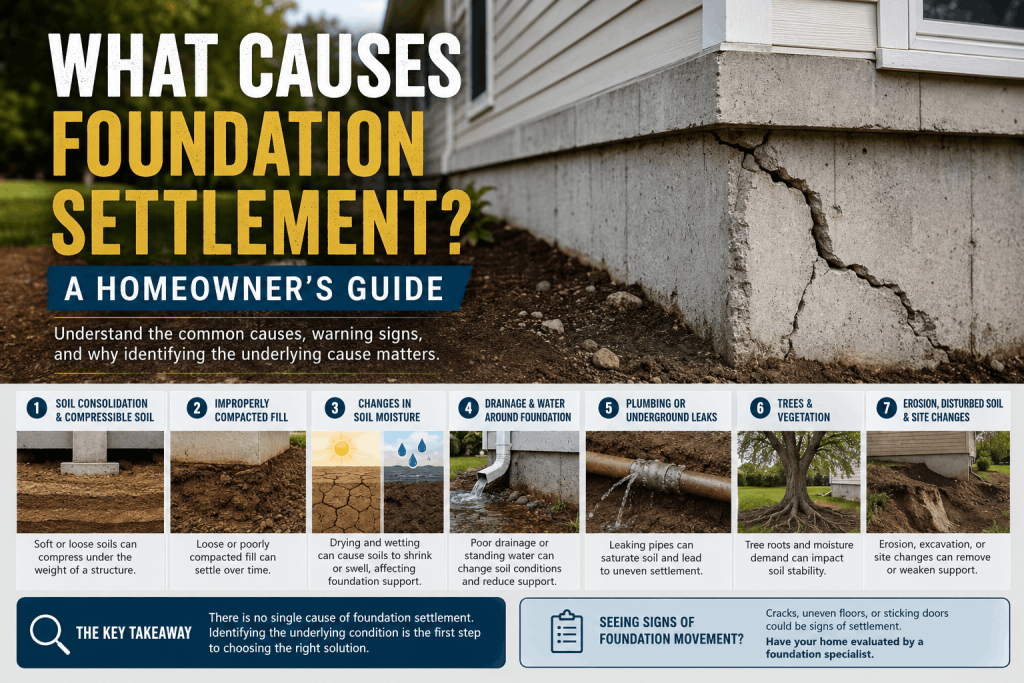 Cracked home foundation illustrating common causes of foundation settlement