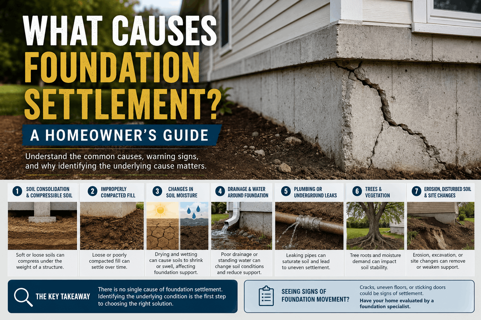 Cracked home foundation illustrating common causes of foundation settlement