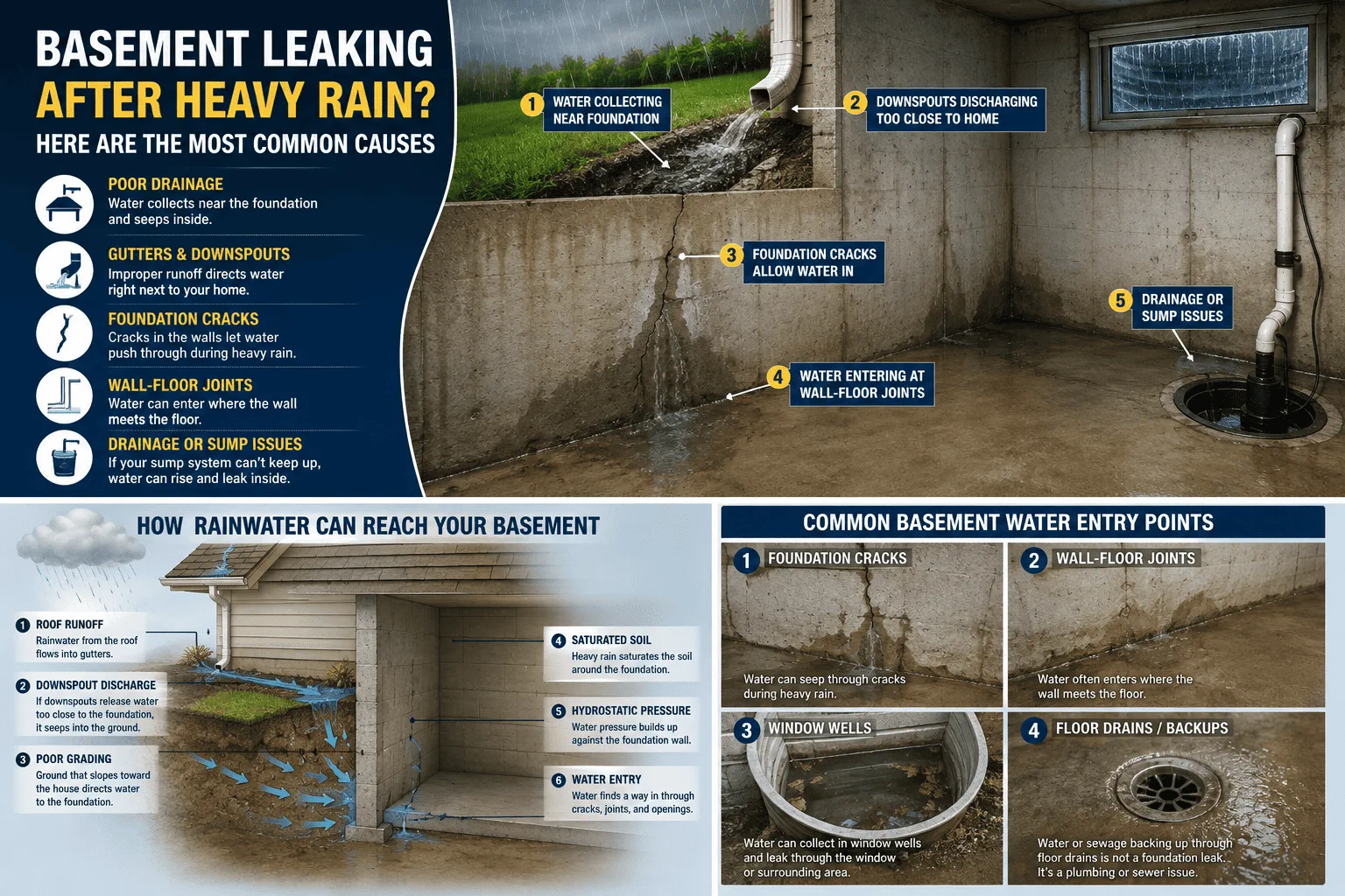 Infographic showing common causes of basement leaking after heavy rain, including poor drainage, foundation cracks, wall-floor joints, and sump issues