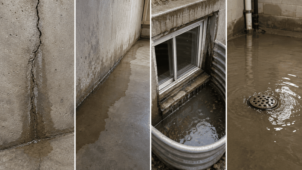 Four common basement water entry points after heavy rain: wall cracks, wall-floor joints, window wells, and floor drains