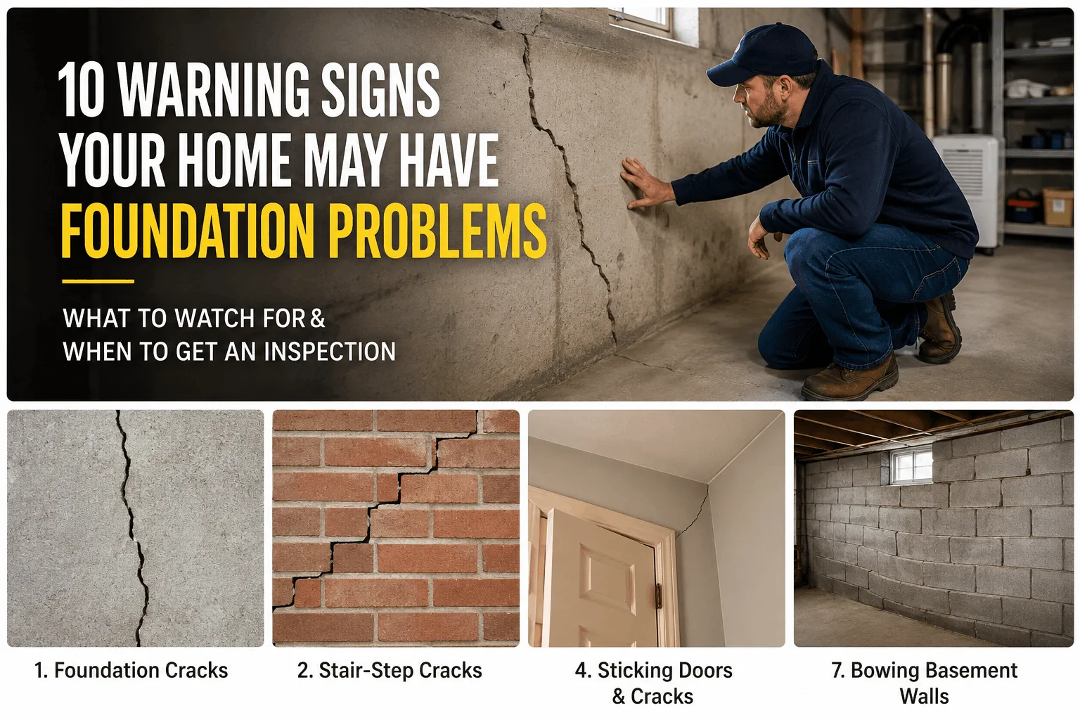 Homeowner inspecting a basement foundation crack with examples of stair-step cracks, sticking doors, and bowing basement walls.