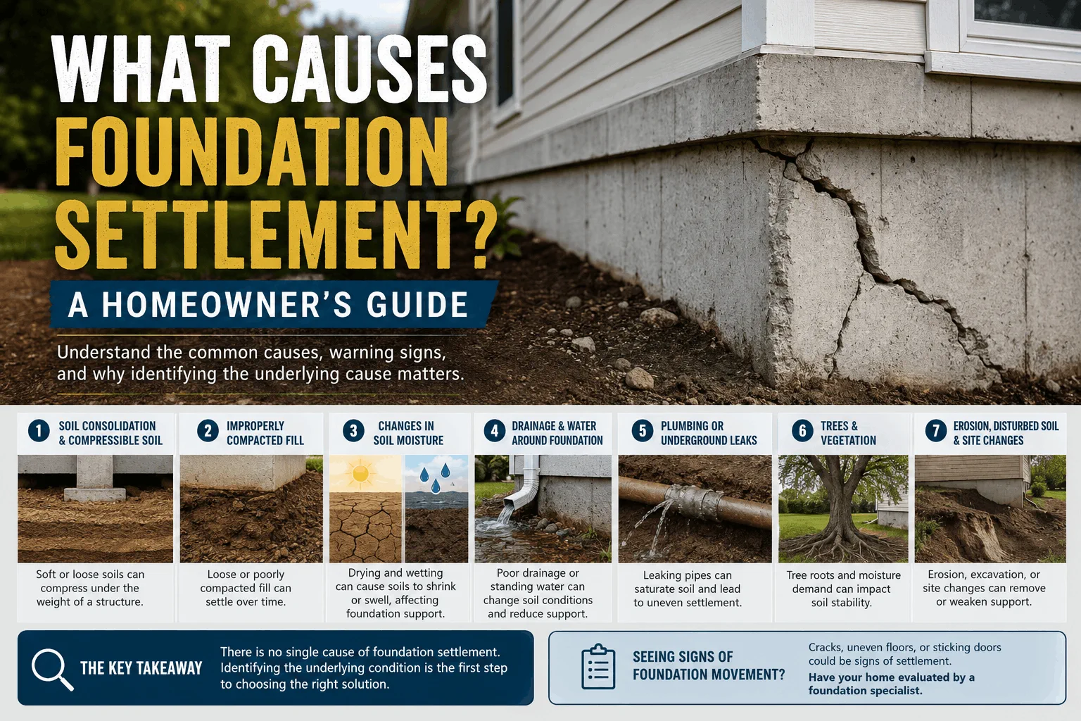 Cracked home foundation illustrating common causes of foundation settlement
