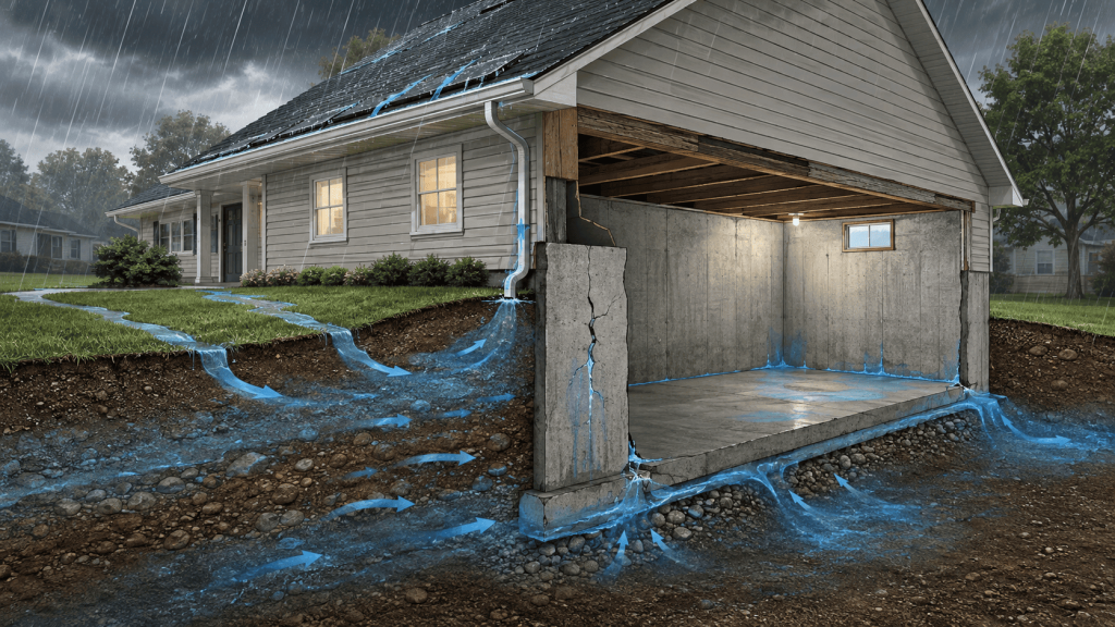 Diagram showing how heavy rain, downspout runoff, saturated soil, and foundation cracks can allow water to reach a basement