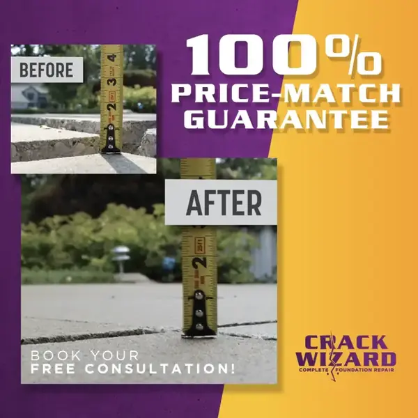 Before-and-after concrete leveling with Crack Wizard's price-match guarantee
