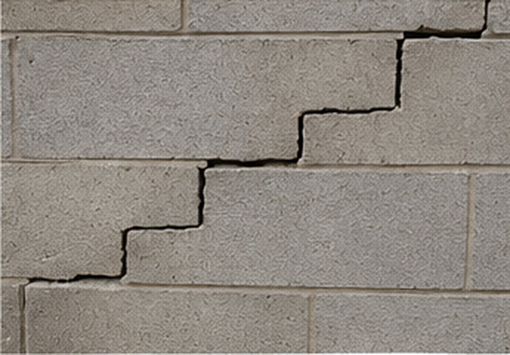 Stair-step crack along mortar joints in a concrete block basement wall