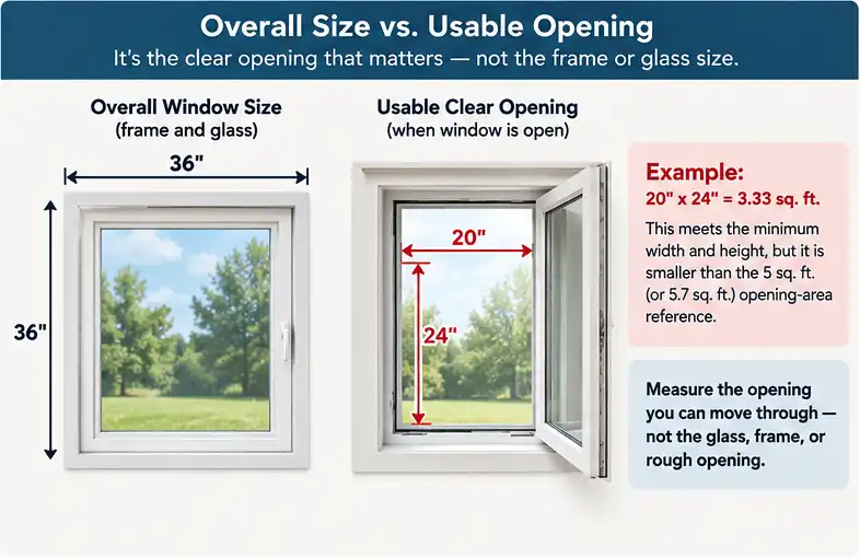 Diagram comparing overall window dimensions with the usable clear opening of an open egress window