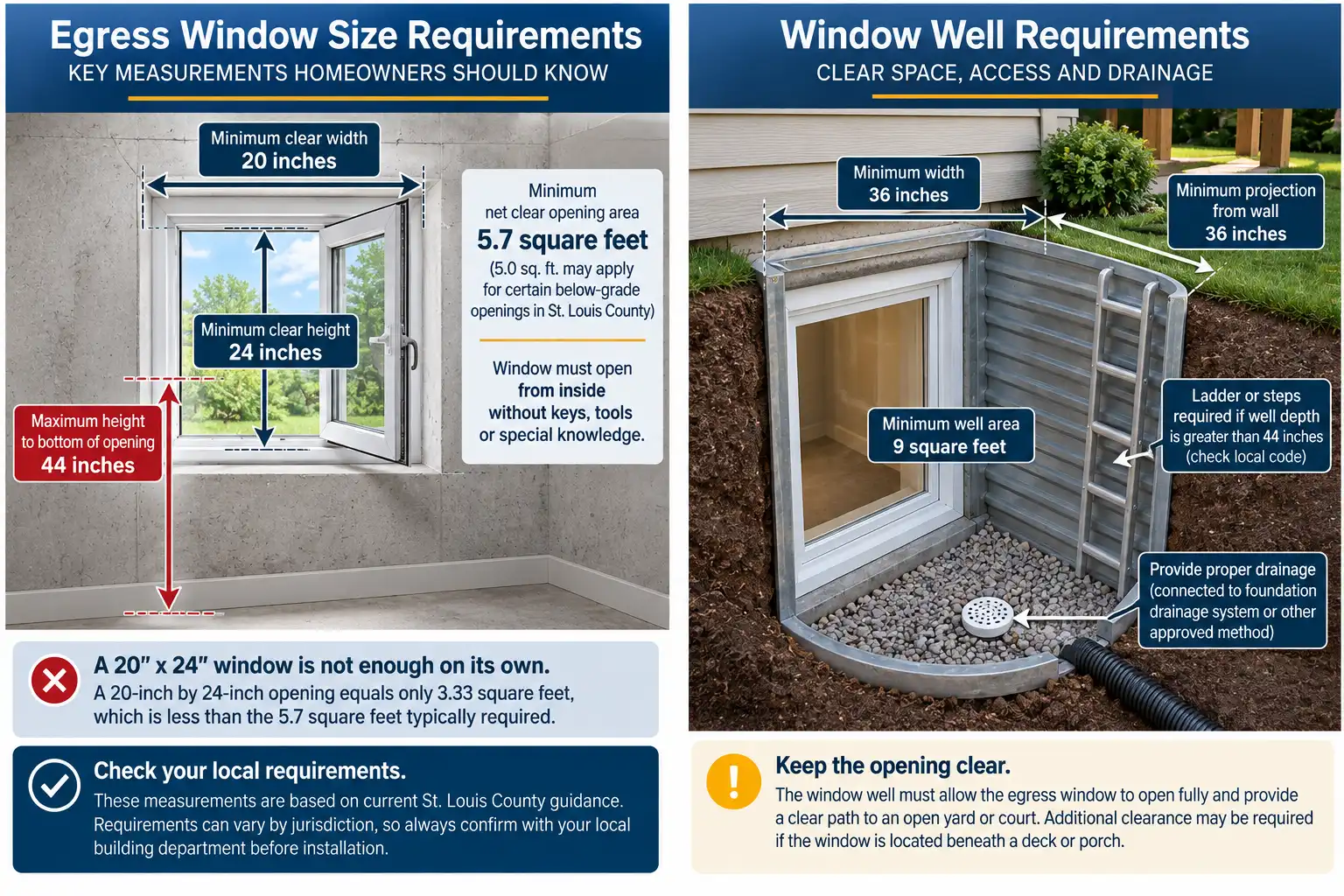 Diagram explaining common residential egress window size requirements