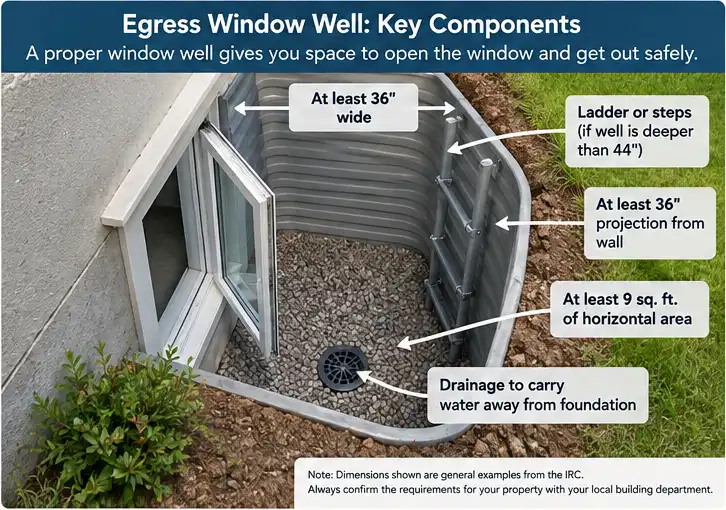 Cutaway of a basement window well showing window clearance, an escape ladder, and drainage components