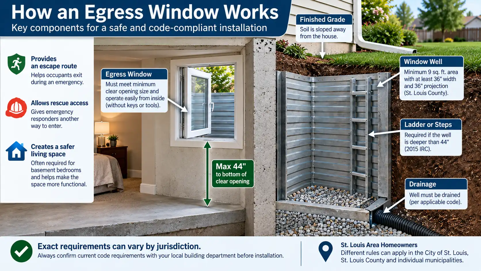 Below-grade egress window well showing clearance, ladder and drainage considerations