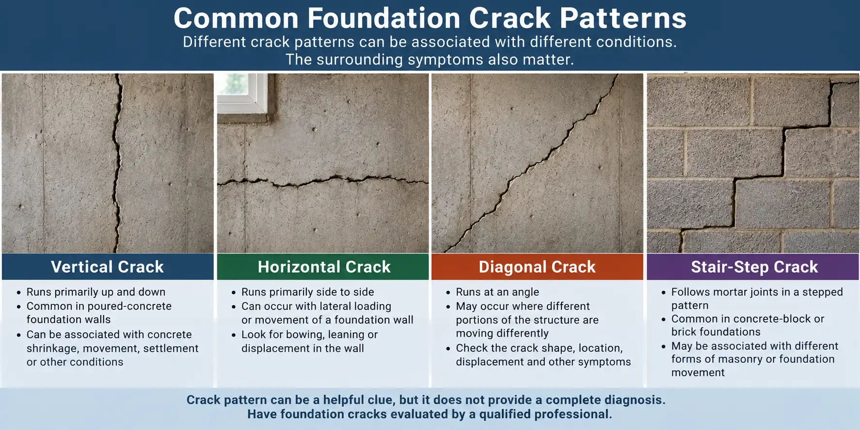 Comparison of vertical horizontal diagonal and stair-step foundation crack patterns