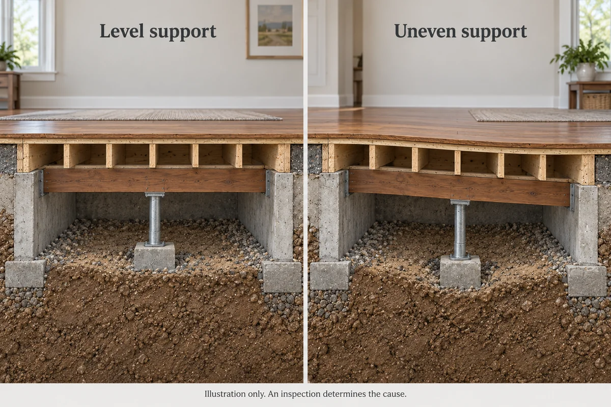 Conceptual side-by-side illustration comparing level floor support with uneven support and a sloping floor.
