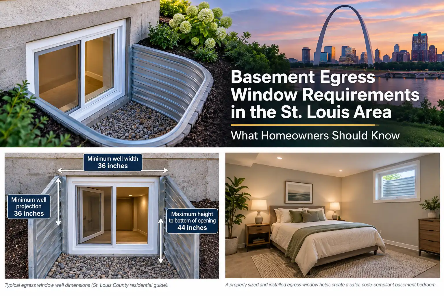 Basement egress window requirements in St. Louis, showing clear opening, sill height and window well dimensions