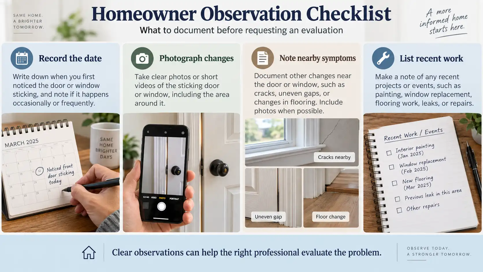 Checklist for documenting a sticking door or window, including dates, photographs, nearby symptoms, and recent work.