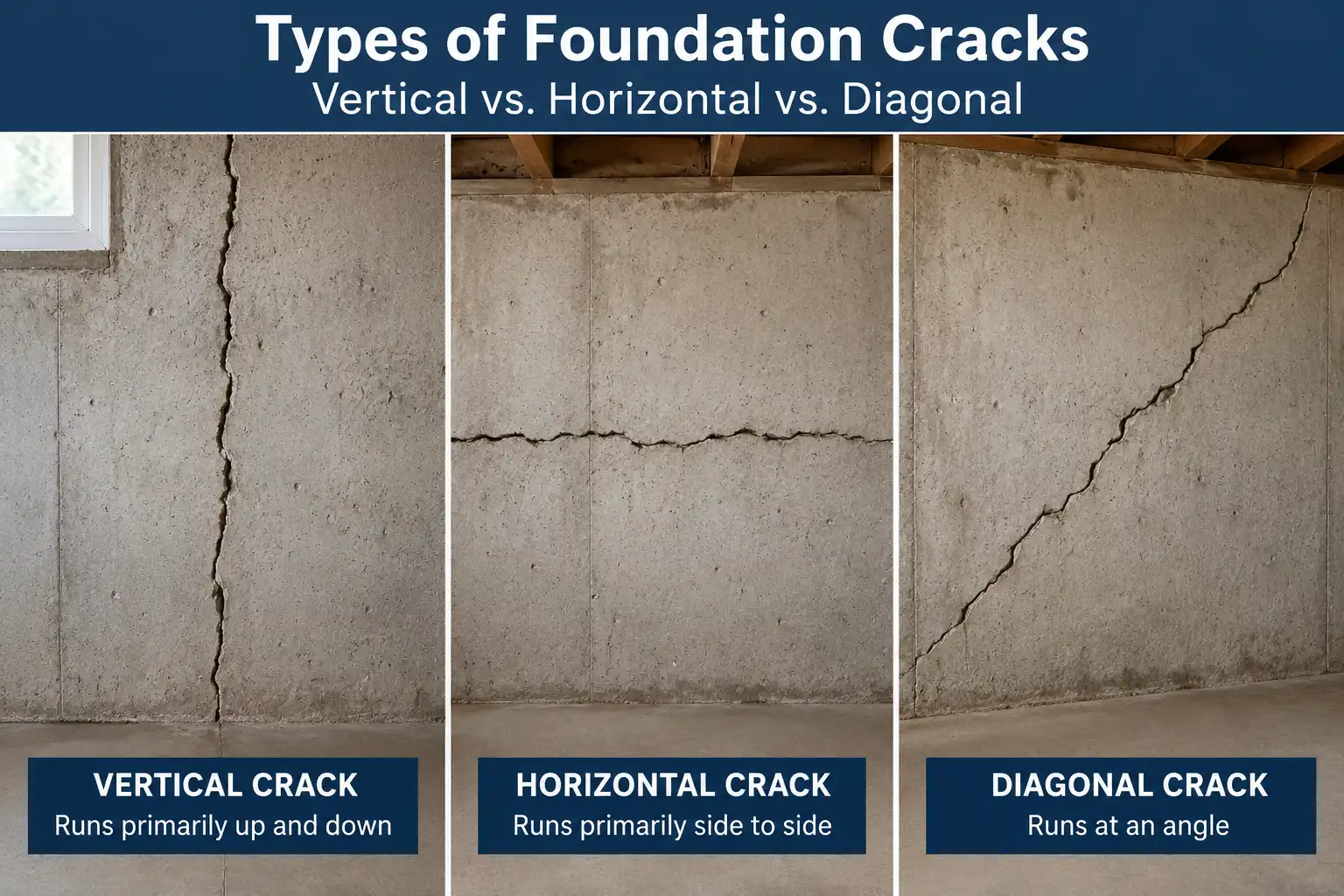 Vertical, horizontal and diagonal types of foundation cracks shown on basement walls
