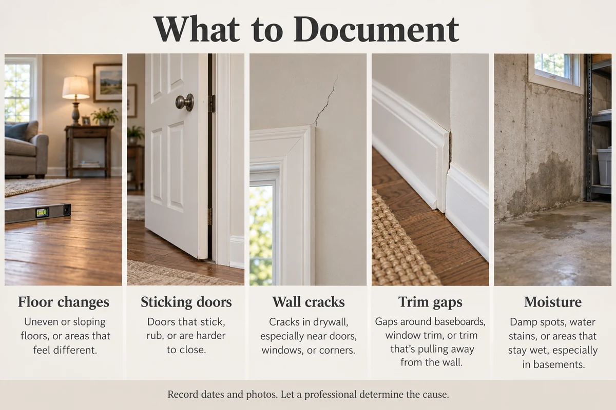 Homeowner checklist: document floor changes, sticking doors, wall cracks, trim gaps, and moisture with dates and photos.