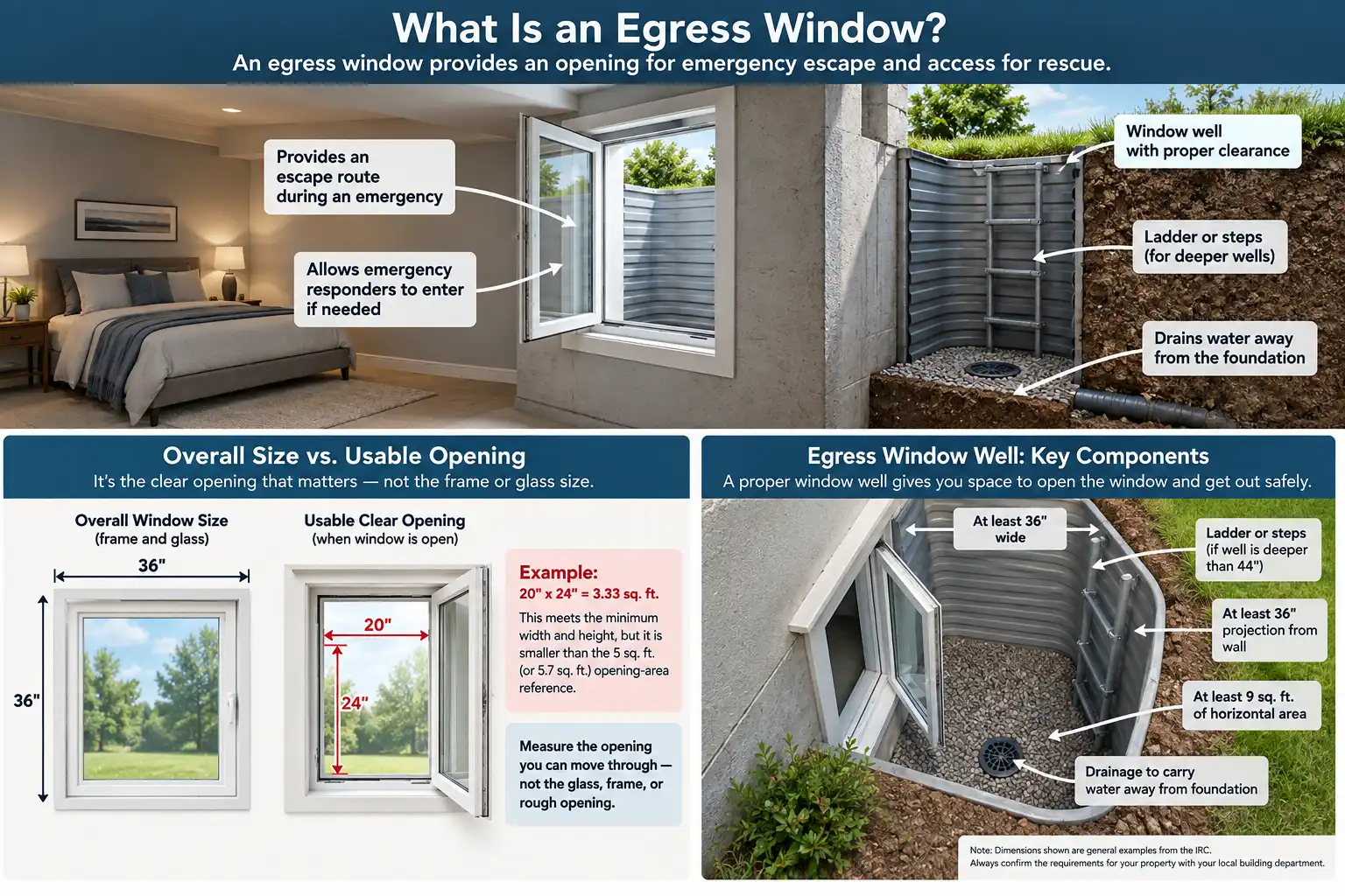 Basement cutaway showing an egress window, exterior window well, and emergency escape route to ground level