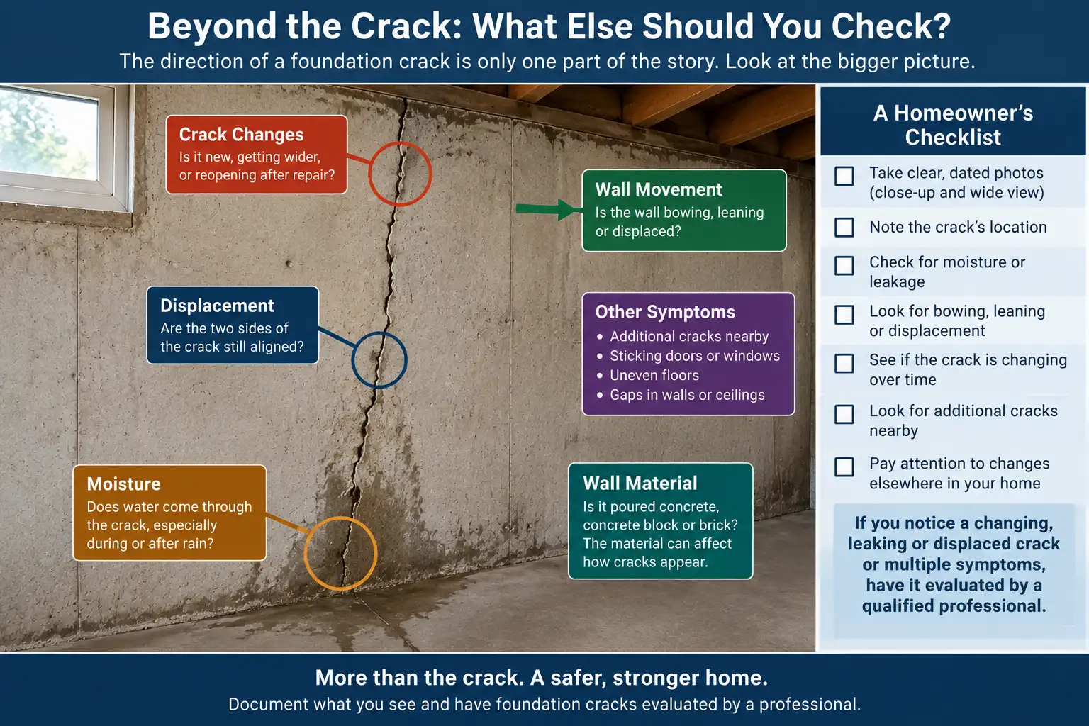 Factors to check around a foundation crack including moisture displacement and wall movement