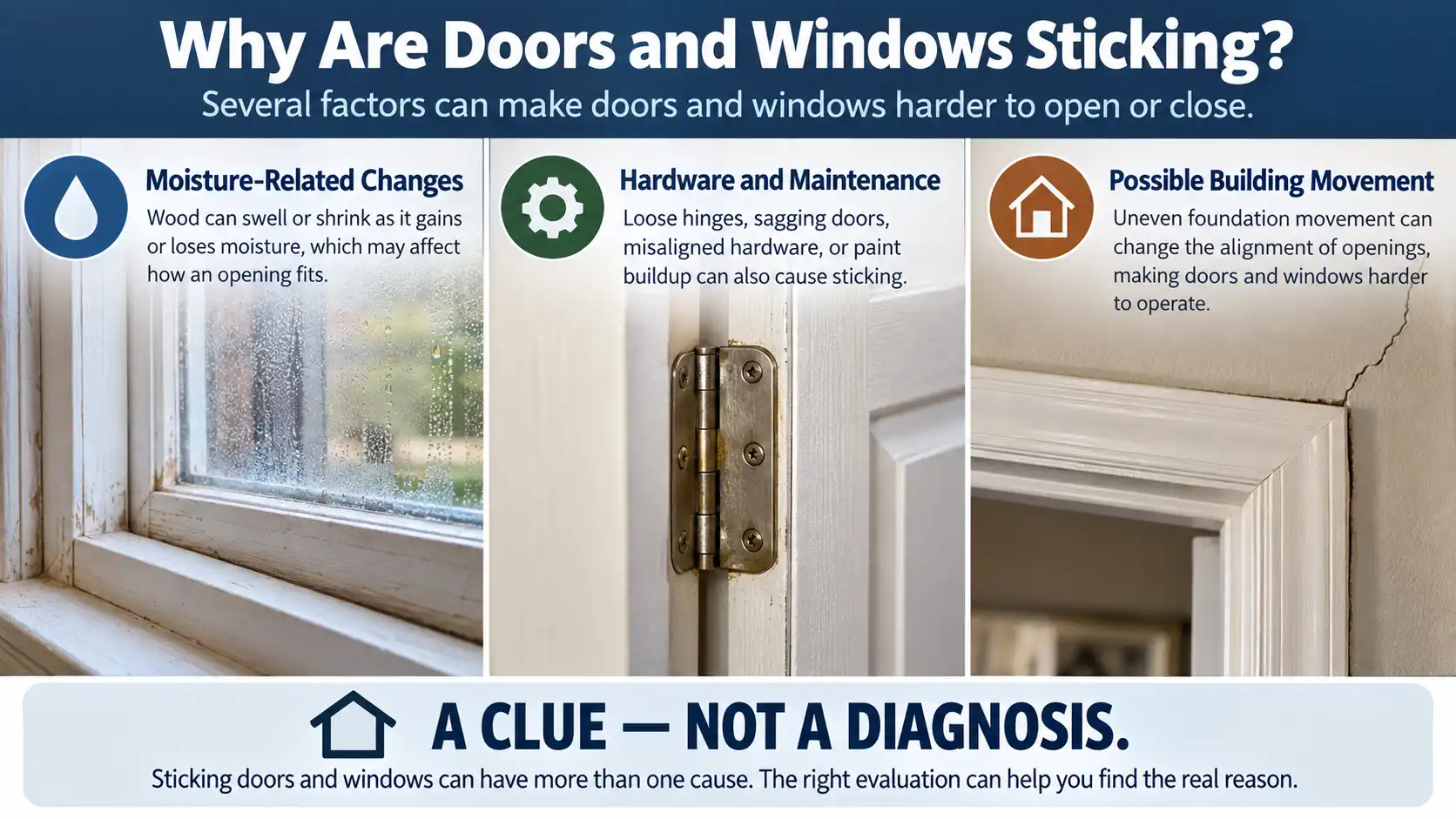 Illustrated comparison of moisture changes, hardware problems, and possible building movement associated with sticking doors and windows.