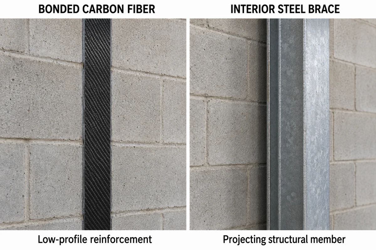 Conceptual close-ups comparing a thin bonded carbon-fiber strip and a projecting interior steel brace