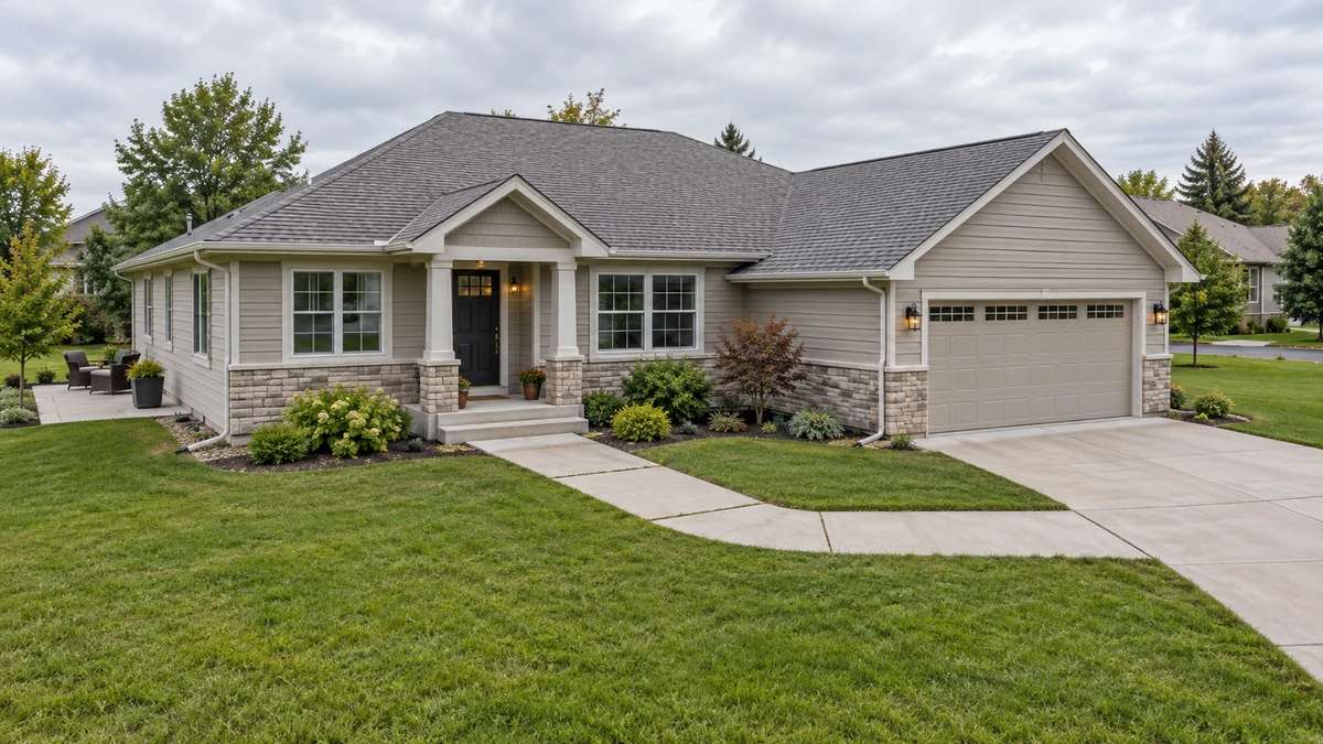 Illustrative house with a concrete driveway, front walkway, entry steps and side patio