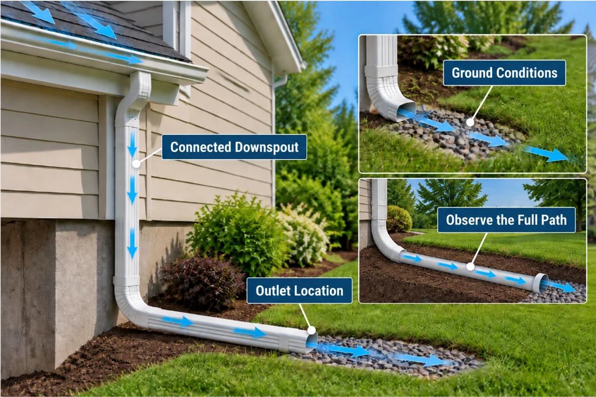Educational illustration showing a connected downspout discharge path, surrounding grade, and basement moisture observation considerations.