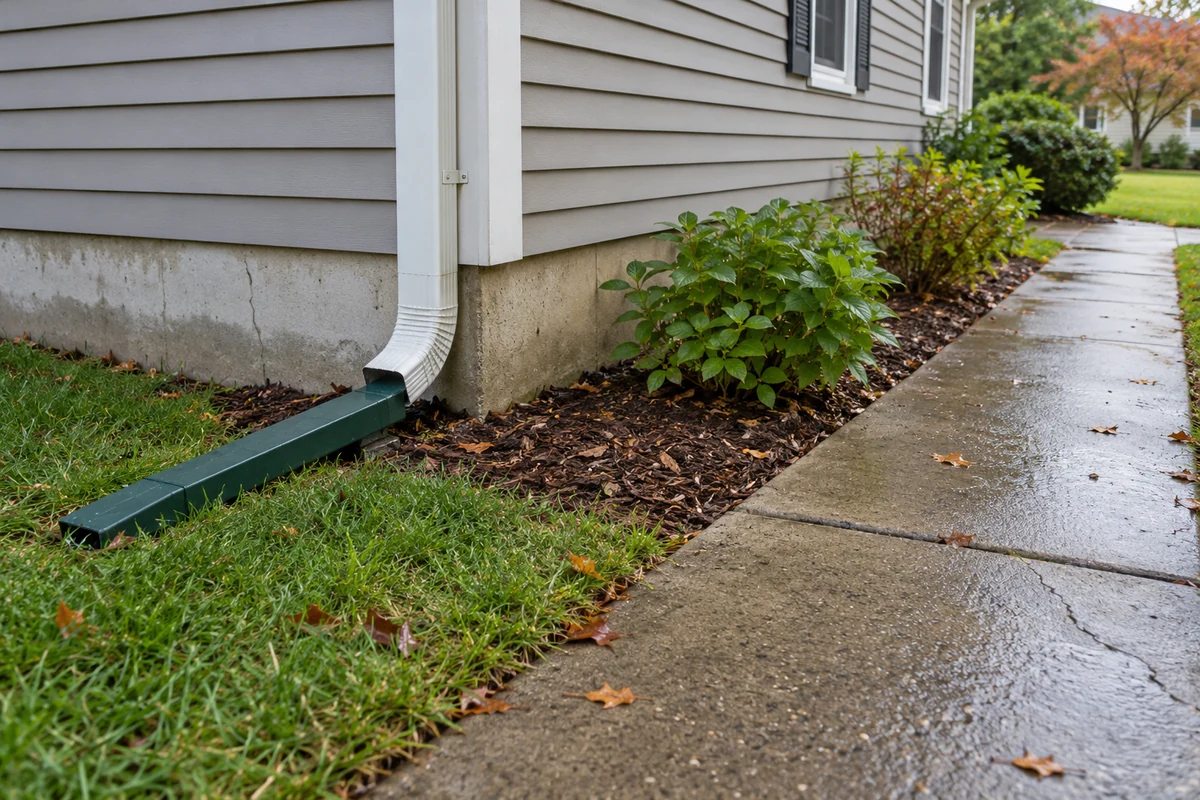 Illustrative downspout extension directing roof runoff onto lawn beside a damp concrete walkway