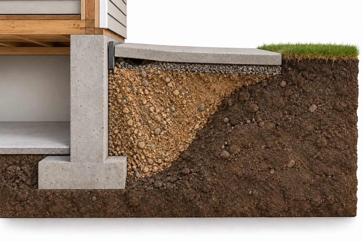 Conceptual cutaway of an exterior concrete slab above backfill beside a separately supported foundation footing