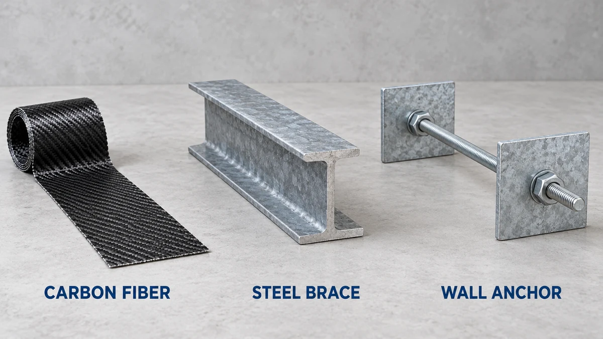 Conceptual comparison of carbon fiber, a steel brace, and wall anchor components