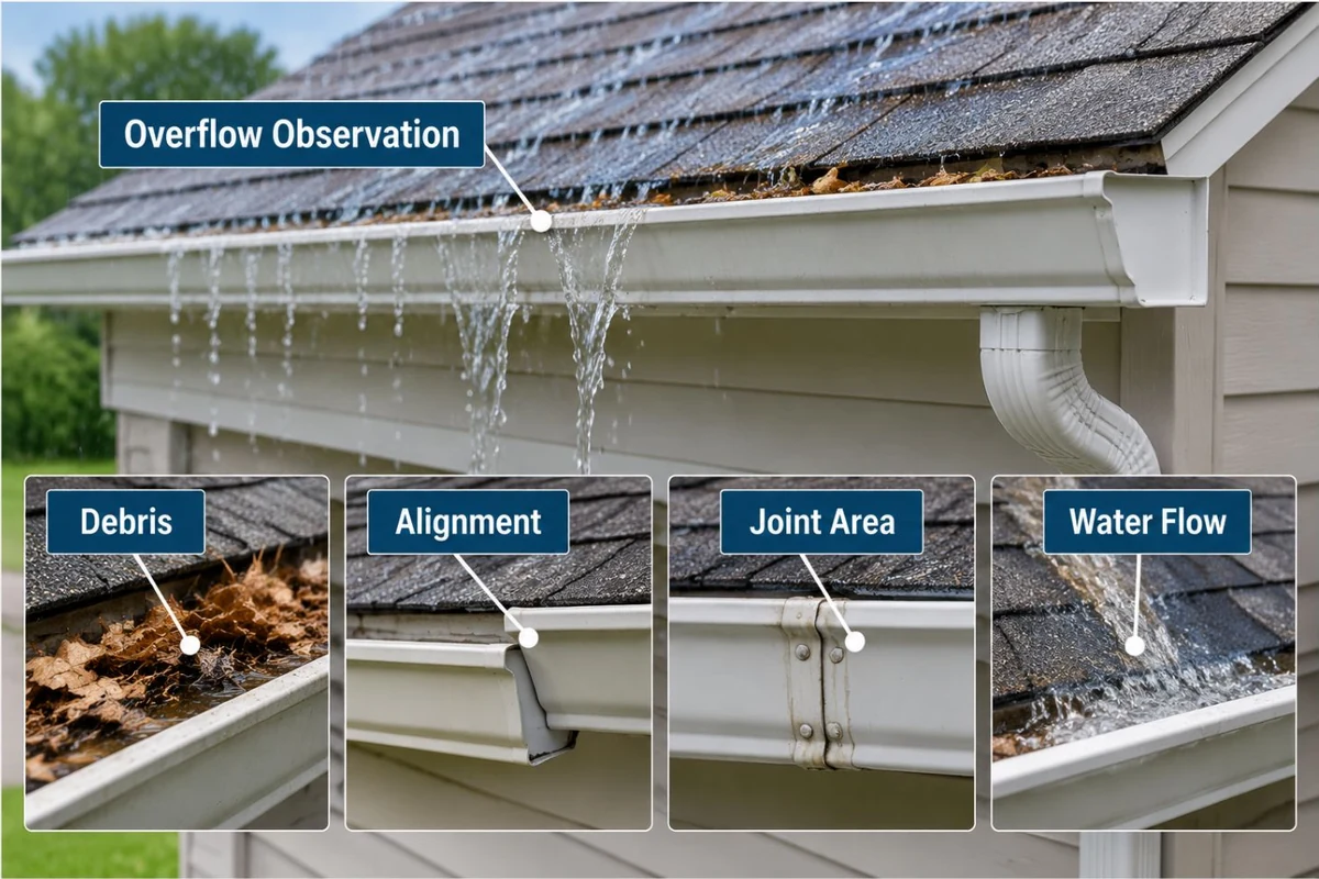 Educational infographic showing gutter overflow observation points including debris, alignment, joint leaks, and water flow conditions.