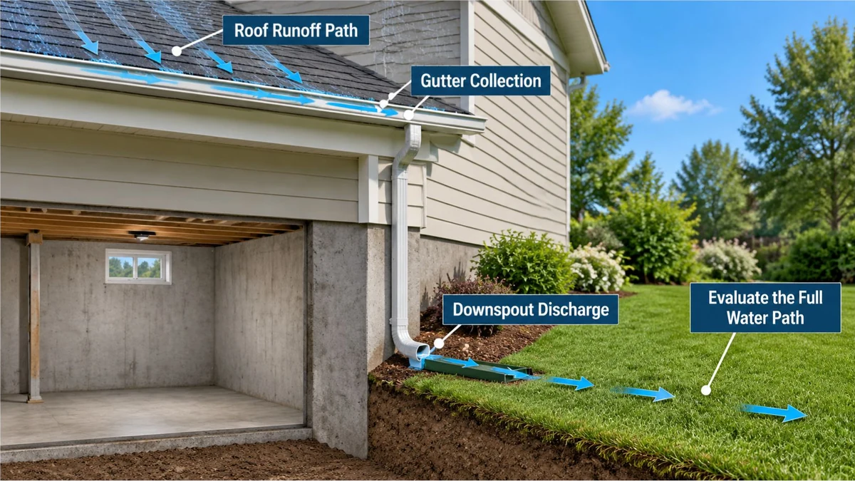 Educational illustration showing roof gutters, connected downspout, runoff path away from a home, and basement moisture evaluation points.