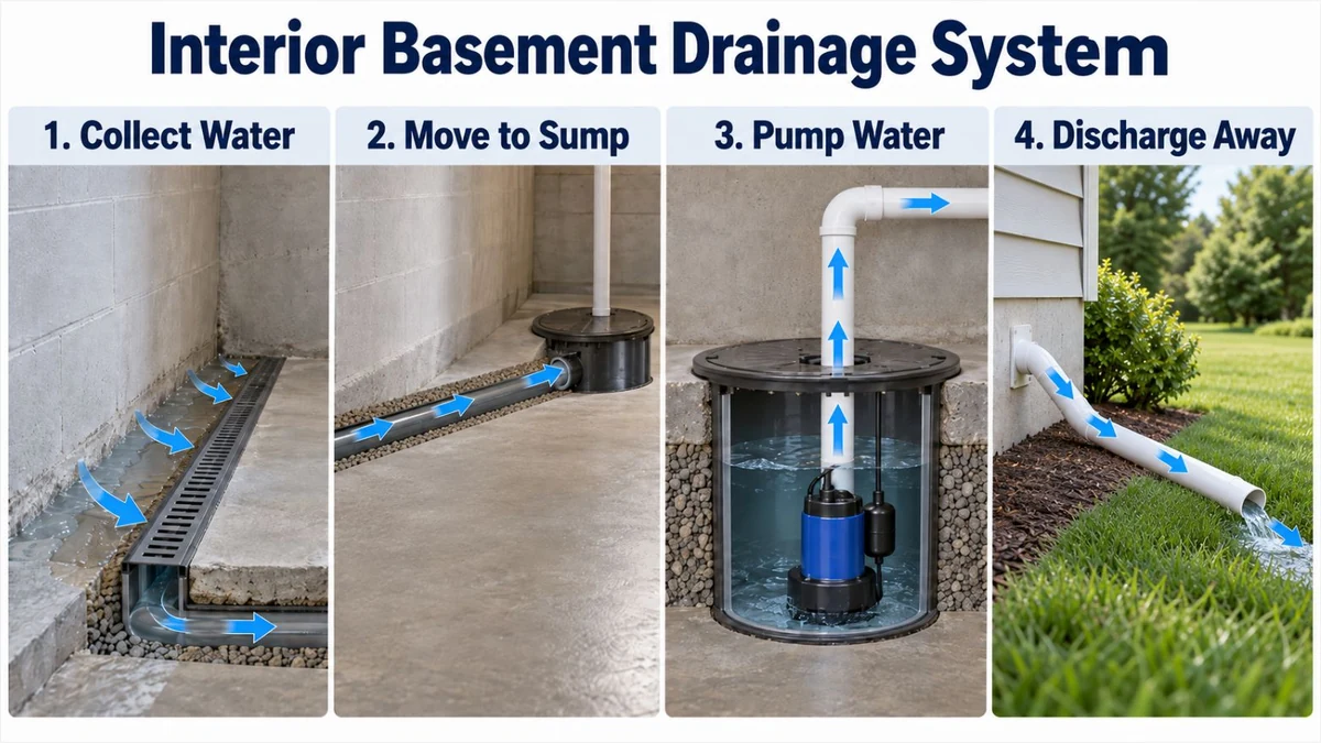Educational illustration showing the four-stage process of an interior basement drainage system collecting water, moving it to a sump basin, pumping it out, and discharging it away from the home.