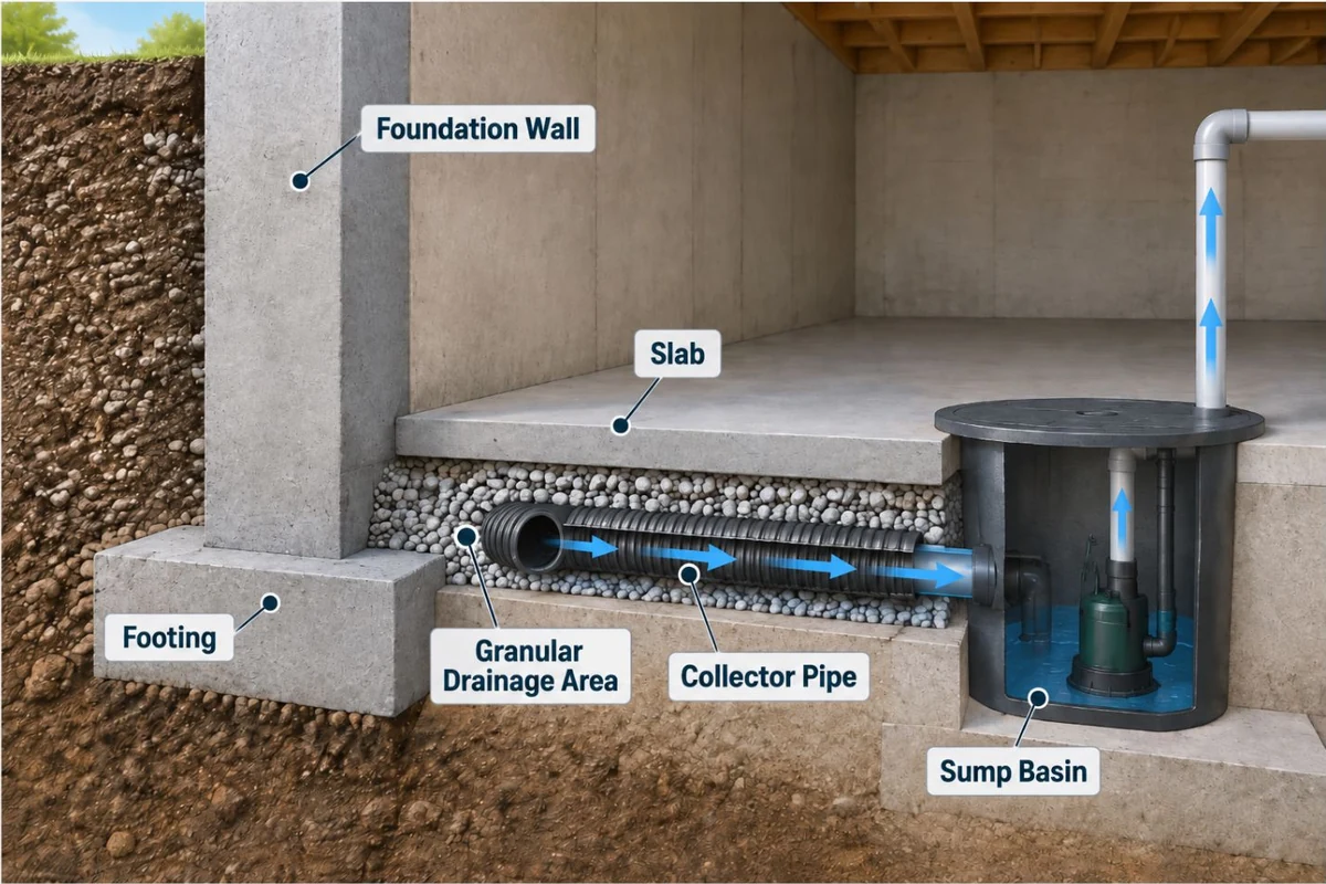 Cutaway illustration showing basement wall, footing, slab, drainage area, and interior collector pathway directing water toward a sump basin.