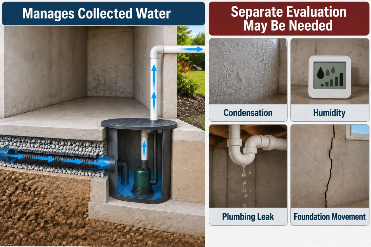 Educational comparison showing interior basement drainage managing collected water while separate moisture sources and structural concerns require evaluation.