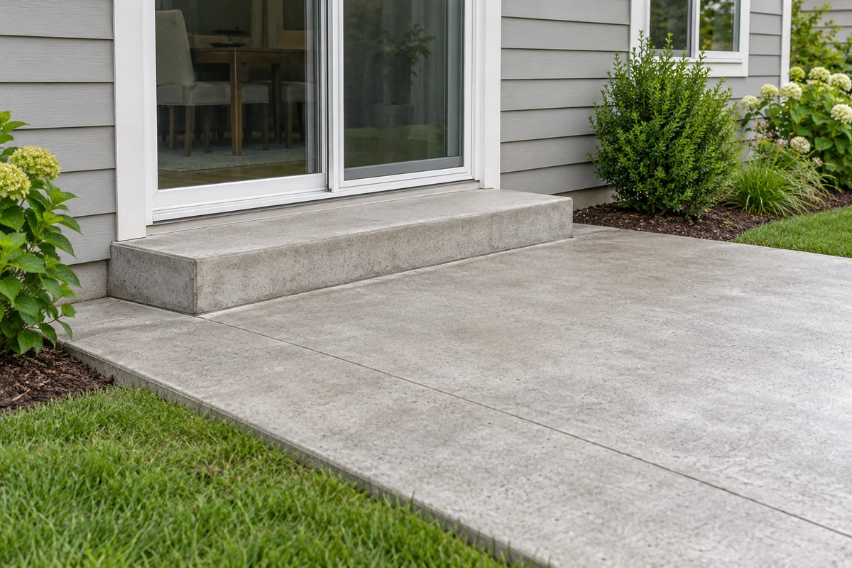 Concrete patio meeting a raised door landing and step at a house