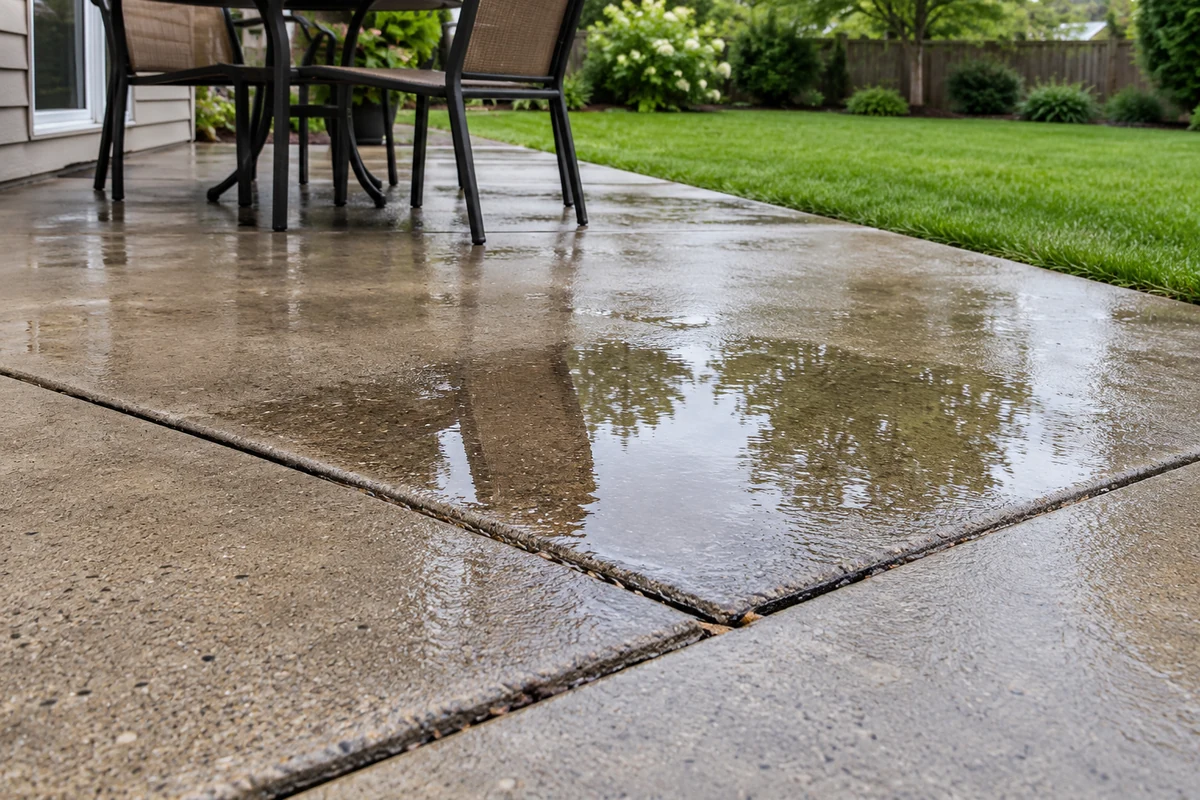 Shallow puddle beside a concrete patio joint with outdoor furniture nearby