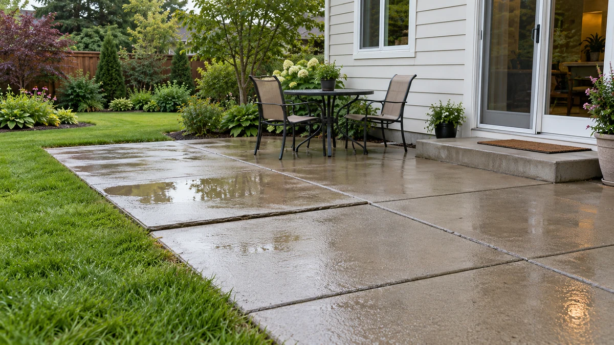 Representative backyard concrete patio with a shallow puddle and uneven panel joint