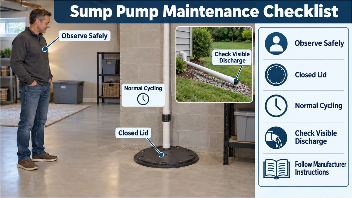 Educational infographic showing a homeowner safely observing a sump pump system with a closed lid, visible discharge outlet, and maintenance checklist.