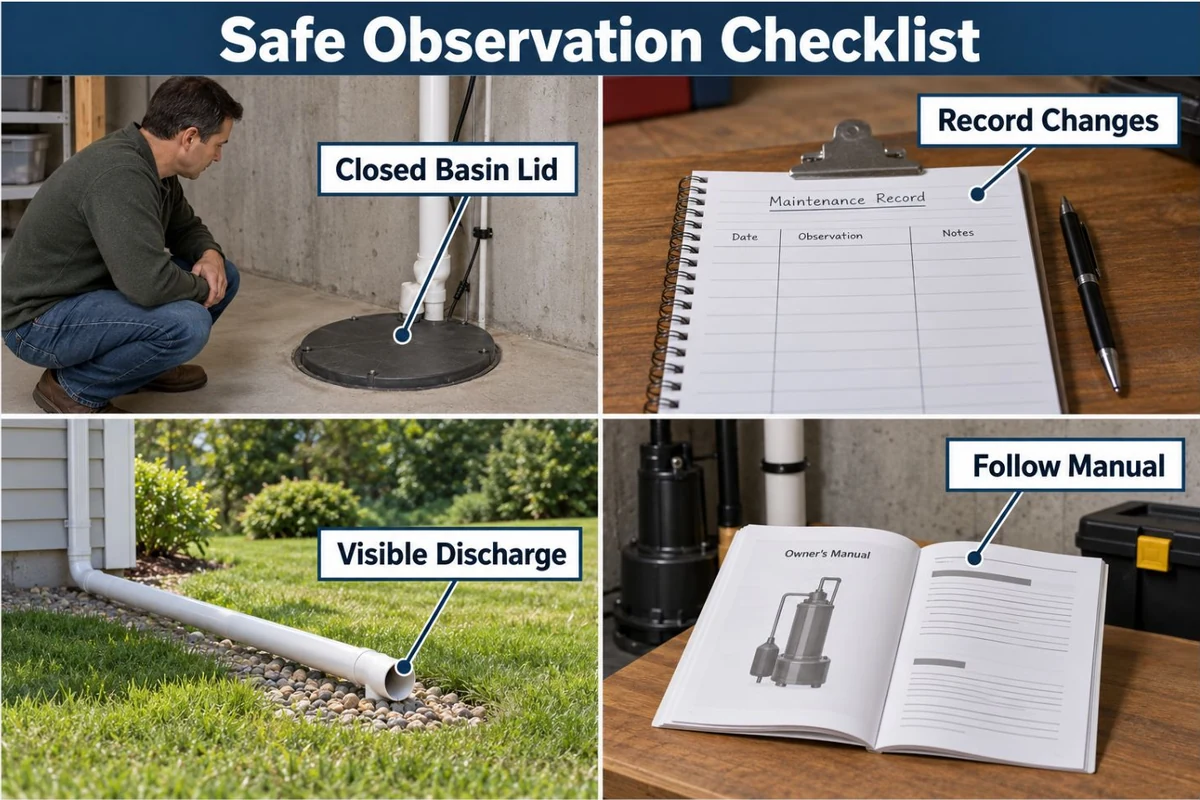 Educational infographic showing safe visual sump pump maintenance checks including closed basin lid, normal operation notes, and discharge outlet observation.