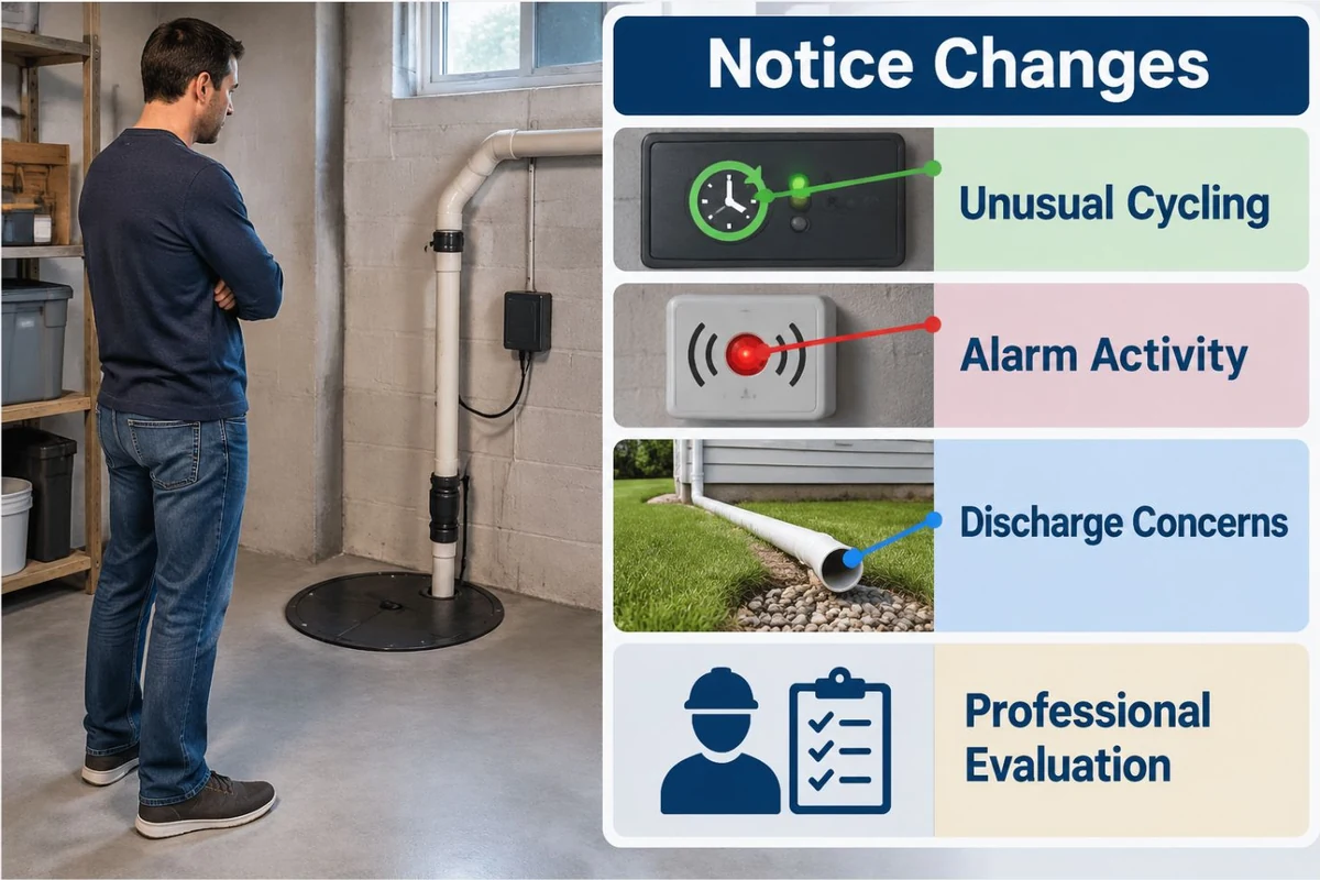 Educational infographic showing sump pump warning signs that homeowners can observe before requesting professional evaluation.