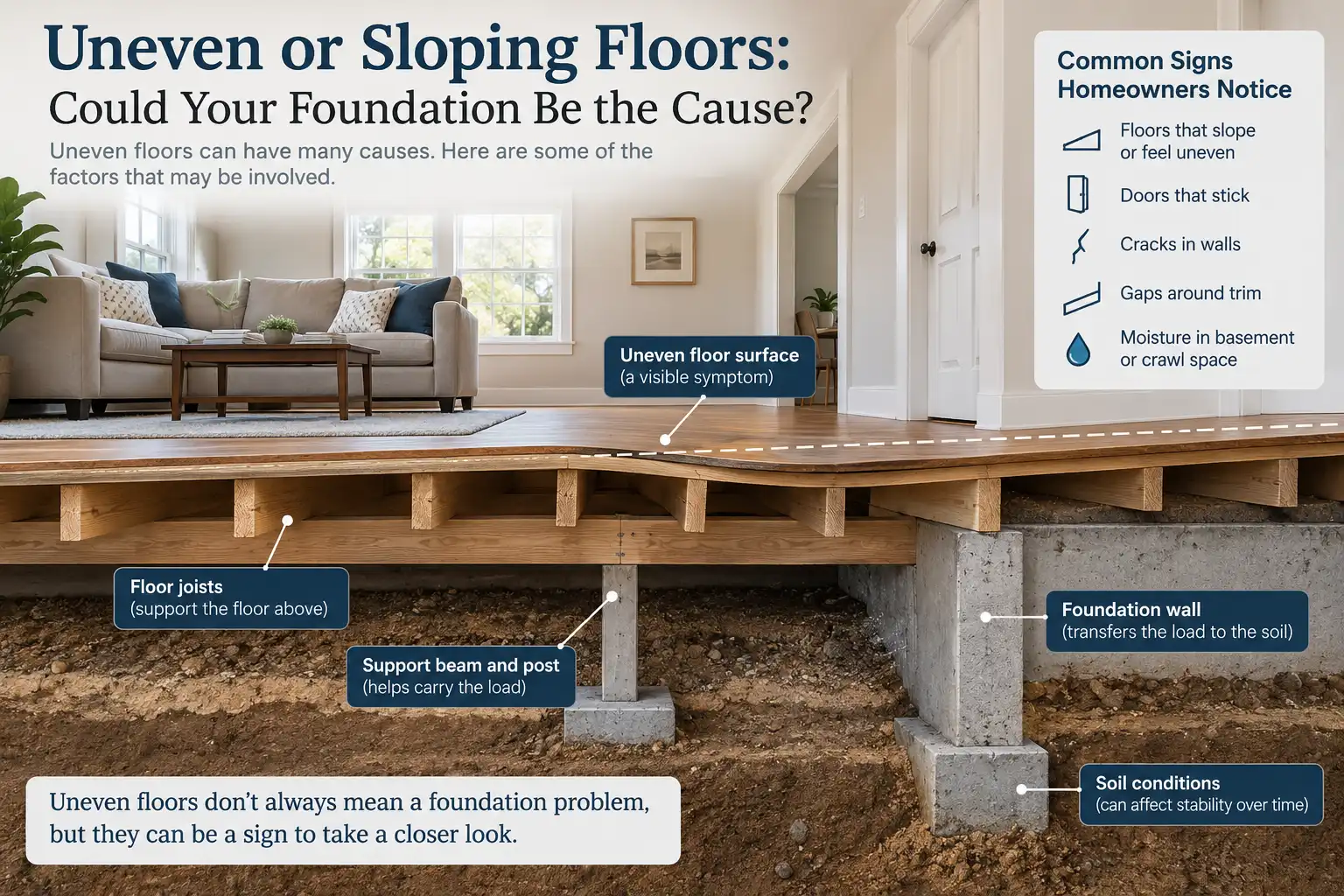 Horizontal infographic showing an uneven floor, floor joists, support beam, foundation wall, soil conditions, and common signs homeowners may notice