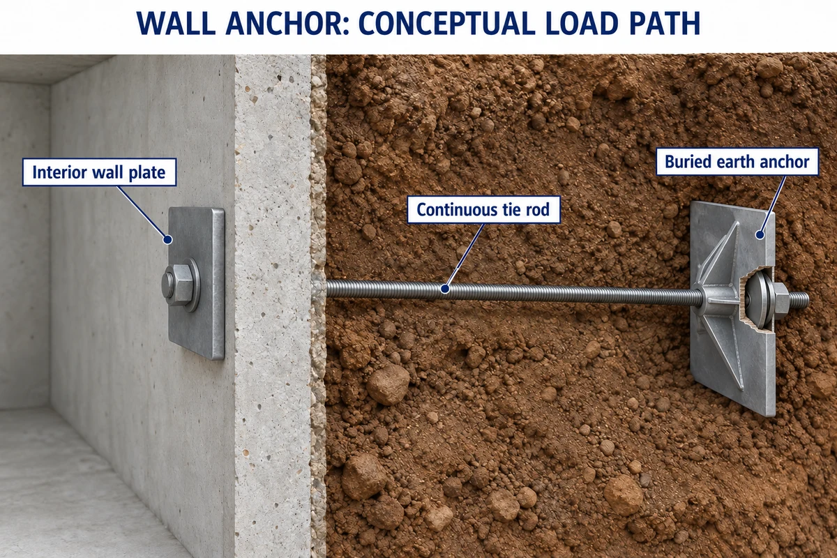 Conceptual wall-anchor cutaway with a continuous tie rod and far-side retaining nut connecting the buried earth plate
